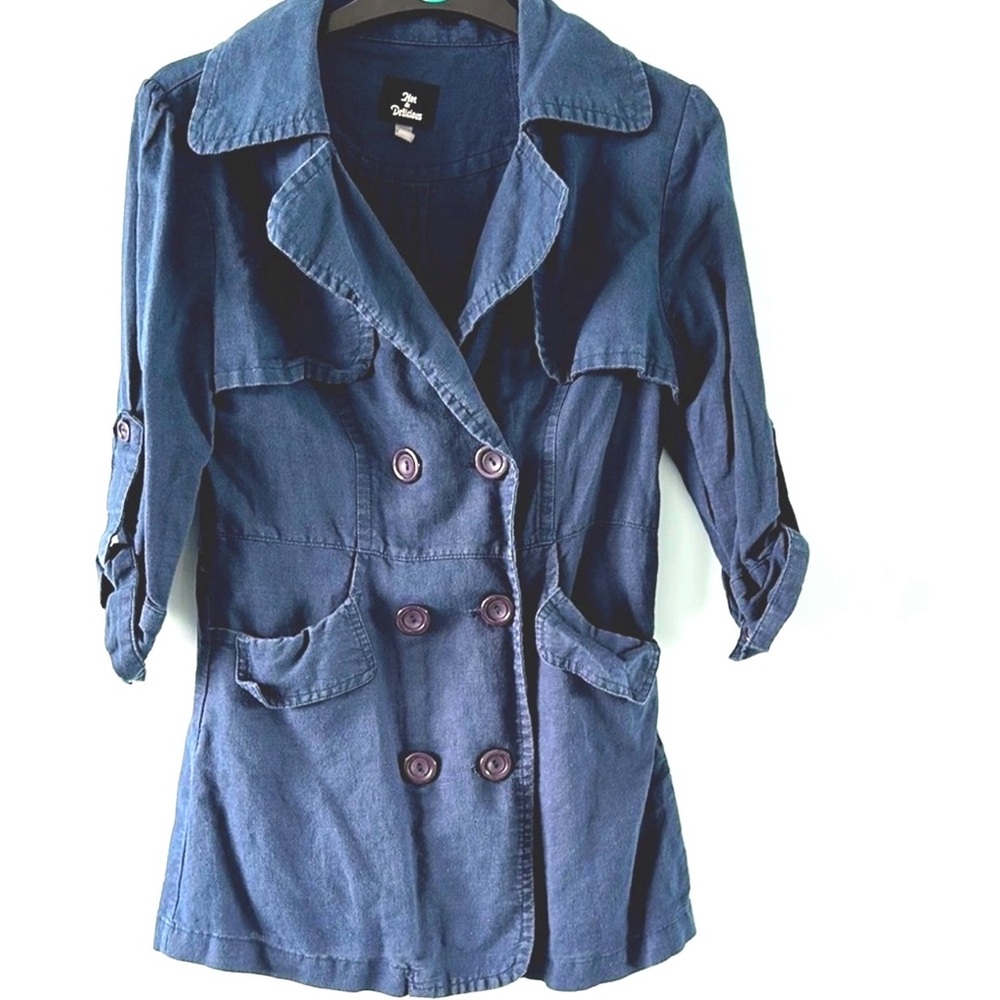 Hot & Delicious Blue Trench Coat Double-Breasted Notched Lapel